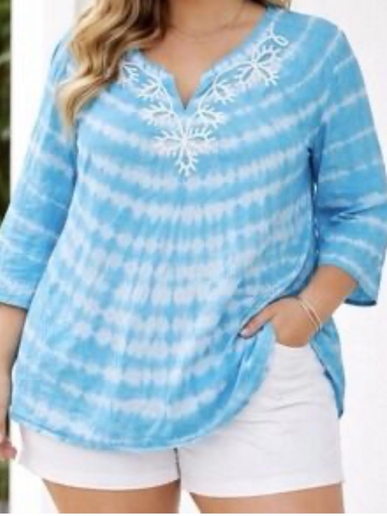 Catherines Tops - Catherines Women’s Sky Blue Tie-Dye Embroidered V-Neck Tunic Size 2X